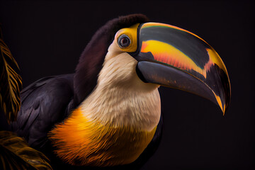 Naklejka premium Toucan bird, close up view on colorful feather. Generative AI