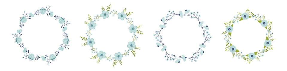 Vector set of floral wreaths in flat design. Collection of text templates with spring plants in blue colors. Flower round frames copy space. Flower wreaths for greeting cards and invitations.