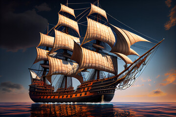 sailing ship in the ocean - obrazy, fototapety, plakaty