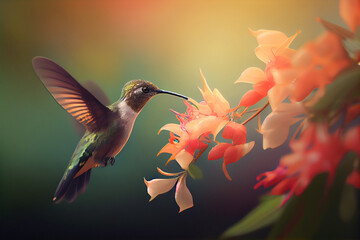 Obraz premium Hummingbird in colorful tropical exotic background. Generative AI