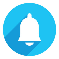 Bell icon. long shadow design. blue background.