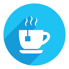 Cup of coffee. flat icon. long shadow design. blue background.