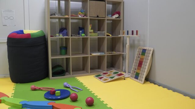 Department of neuro correction of behavior and speech, sensory integration and sensorimotor correction. ABA therapy in the treatment of autism in children. The office has all the necessary things.