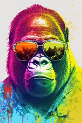 Gorilla wearing sunglasses, Psychedelic Illustration. Generative AI