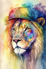Lion wearing Baseball cap, Psychedelic Illustration. Generative AI