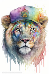 Lion wearing Baseball cap, Psychedelic Illustration. Generative AI