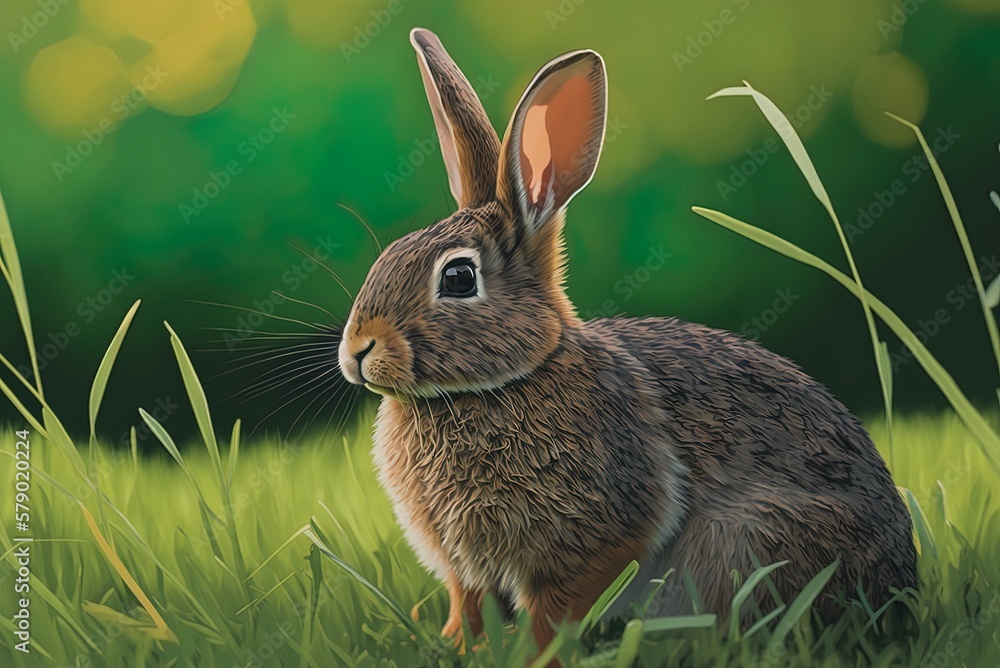 Poster eastern cottontail rabbit in a grassy field, captured with a shallow depth of field lens. generative