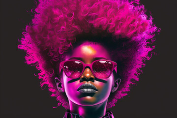 Red puff hair worn by afro American woman with glasses on red background. AI generated image