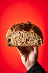 Bread loaf hald in hand on red background