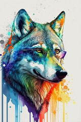 Wolf wearing sunglasses, Psychedelic Illustration. Generative AI