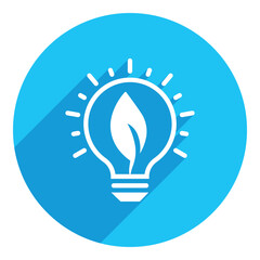 Light bulb with leaf inside. flat icon. long shadow design. blue background.