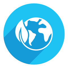 Planet earth with a leaf icon. long shadow design. blue background.