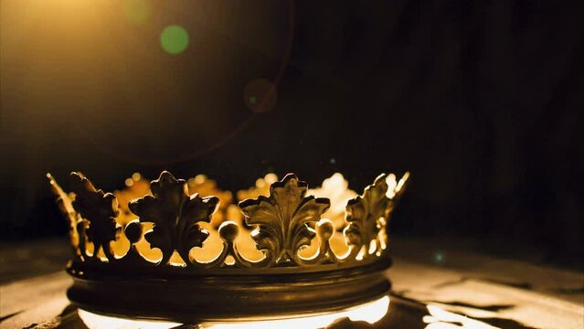 The crown on a black background is illuminated by a golden beam. Low-key image of a beautiful royal crown Vintage is filtered. Fantasy of the medieval period. Battle for the Throne.
