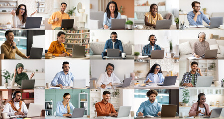 Set of multicultural business people using laptop, collage