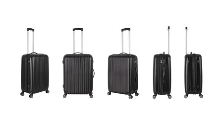 Black plastic suitcase with transparent background, vacation luggage in perspective view