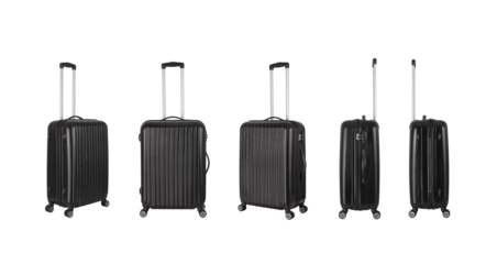 Black plastic suitcase with transparent background, vacation luggage in perspective view