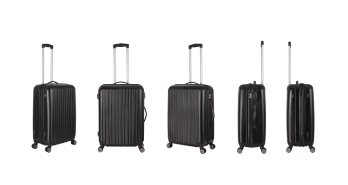 Black plastic suitcase with transparent background, vacation luggage in perspective view