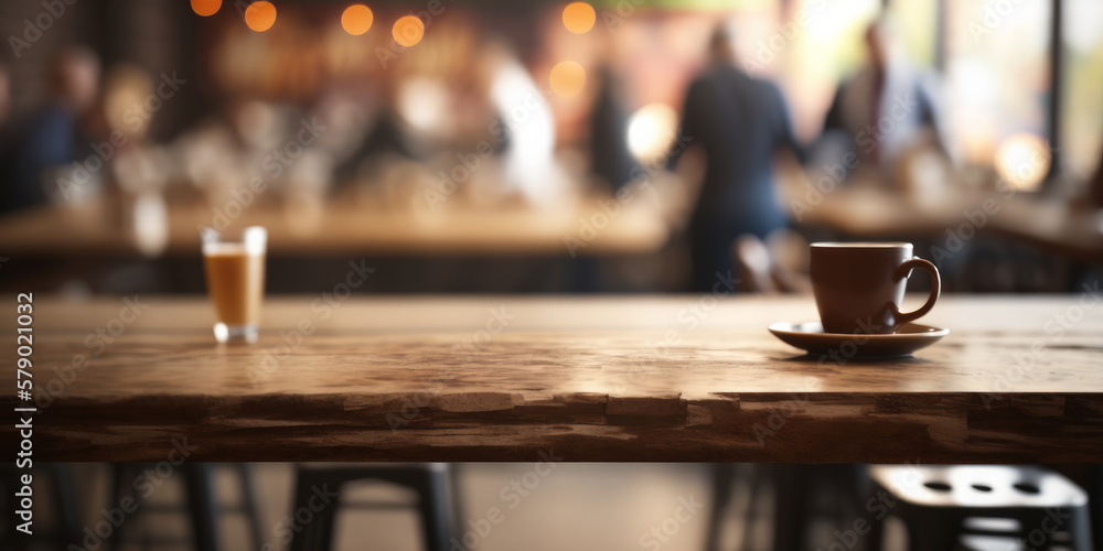 Poster an empty wooden counter table top for product display in a coffee shop or bar. generative ai