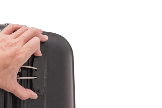 Hand opens lock on black plastic suitcase with transparent background