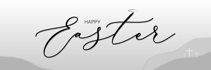 Happy Easter black linear lettering with cross. Hand drawn elegant modern vector calligraphy. Design for holiday greeting card and invitation of the happy Easter day. Greeting card text template.