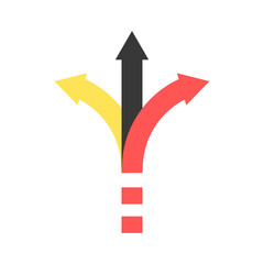 Three arrows pointing in different directions. Choice of path. Black, red and yellow arrow icon. Vector illustration isolated on white background.
