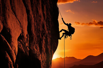 Man climbs up mountain, climber on rock wall at sunset. Generative ai.