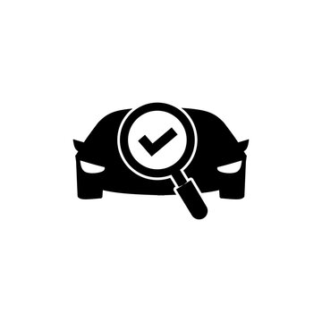 Car inspection. Inspection of a car by magnifying glass with tick mark vector design.