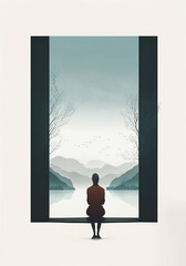 Fototapeta premium Minimal abstract landscape wall art illustration, Tranquil Minimalism, generative ai