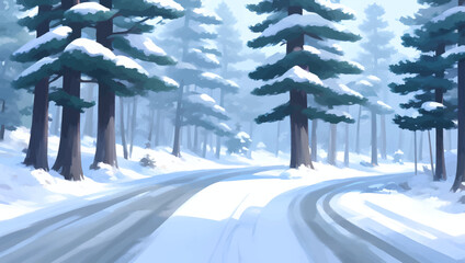Snowy Road Surrounded by Pine Trees Detailed Hand Drawn Painting Illustration