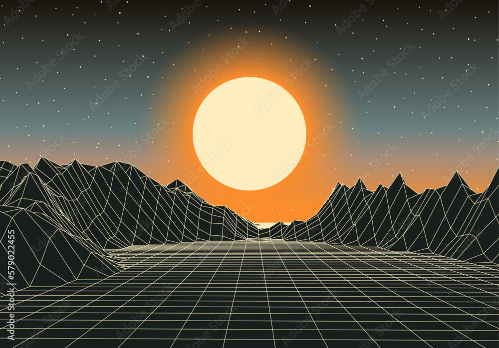 Aufkleber retro futuristic landscape with mountains and sun in deep space. 80s styled synthwve landscape with 