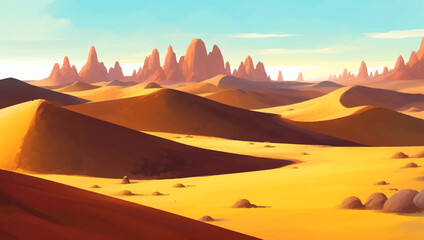 Fototapeta na wymiar Rocky Desert with Canyons Detailed Hand Drawn Painting Illustration