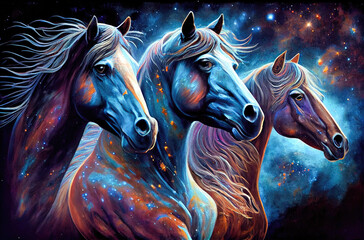 Horses Oil Painting. Generative AI. 
