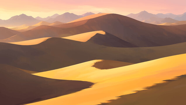 Rocky Desert with Canyons during Sunrise or Sunset Detailed Hand Drawn Painting Illustration