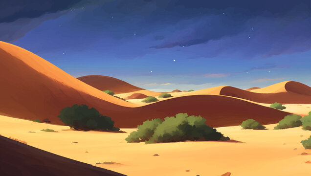 Rocky Desert with Some Bushes during Night Detailed Hand Drawn Painting Illustration