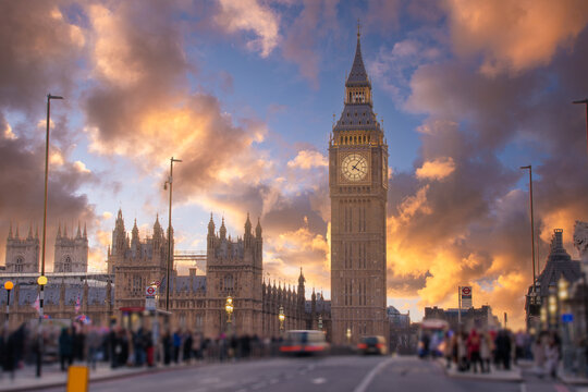 Big Ben And Houses Of Parliament In London, UK. Colorful Sunrise