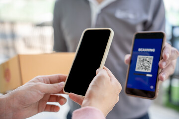 Happy smile Asian woman scan QR code for pay of food. Delivery man send deliver express. online shop, paper container, takeaway, postman, delivery service, packages, electronic money, Digital transfer