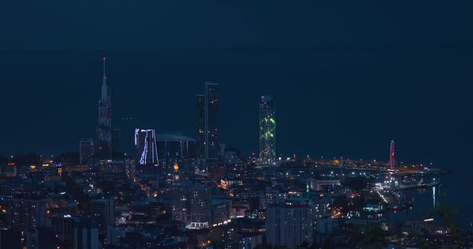 Batumi, Adjara, Georgia Aerial View Of Urban Cityscape At Night. Black Sea Skyline.