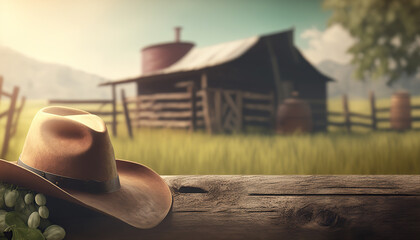 Rural background with close up cowboy hat. Rustic outdoor backdrop. AI generative image. - obrazy, fototapety, plakaty