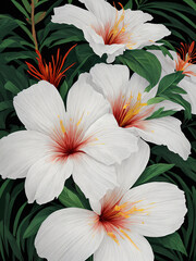 Fototapeta premium Decorative background with Hawaiian white hibiscus flowers. Generative AI