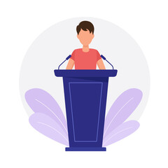 Business man behind the podium. Speaker or teacher speaking to people.  The speaker speaks to the public on the tribune. Vector illustration in a flat style.