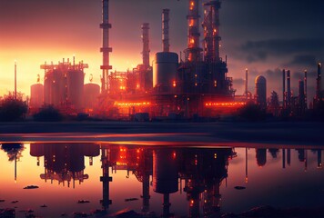 Oil refinery industrial plant with nature and sky background. Business and Industry concept. Digital art illustration. Generative AI