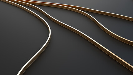3d abstract black background and curvy golden lines. 3d rendering