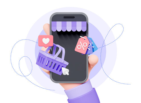 3D Online Shopping Concept. Hand Holding Mobile Phone With Shopping Basket And Discount Coupons. Sale In Digital Store. E-commerce And Marketing. Cartoon Creative Design Illustration. 3D Rendering