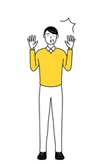 驚いて手を上げる定年退職したシニア・中年男性