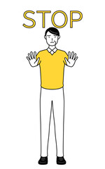 ストップの合図、体の前に手を突き出す定年退職したシニア・中年男性