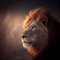 Naklejka premium close up portrait of a fierce lion looking throw the savana during the sunset
