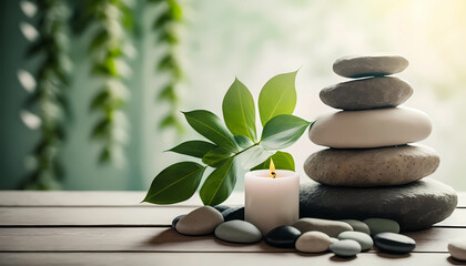 Fototapeta na wymiar spa and wellness concept. stack of massage stones and towels with green plant on white wooden table. Generative AI
