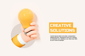 3D Creative Solutions banner illustration. Hand holding light bulb. Innovation and idea concept. Business success. Inspire or motivate. Web landing page template. Cartoon creative design. 3D Rendering - obrazy, fototapety, plakaty