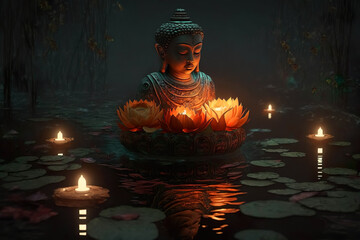 Buddha statue with a lotus flowers and burning candles floating on the water. Generative Ai.