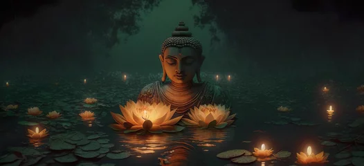 Foto op Plexiglas Buddha statue with a lotus flowers and burning candles floating on the water. Banner. Generative Ai. © DRasa